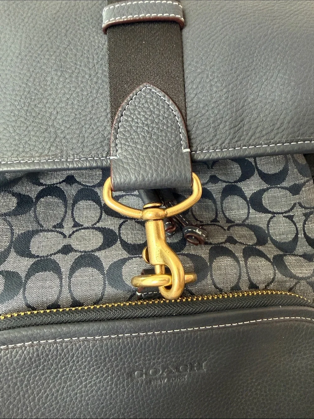 Coach Navy Signature Denim Canvas Backpack with Leather Trim